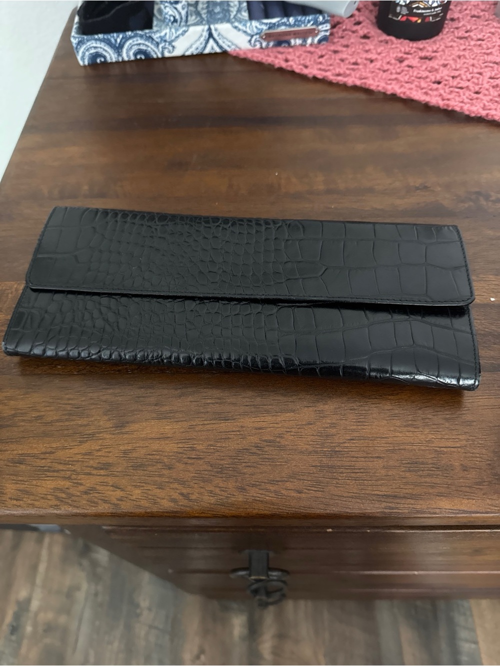 HOBO Black Croc Embossed Leather Double Frame Clutch Wallet